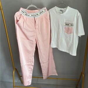 Miu Miu White Tee with Pink Pocket & Light Pink Track Pants